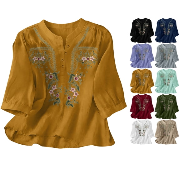 Womens Tops 100% Cotton Embroidered 3/4 Sleeve Boho Lightweight Tunic with Button Front
