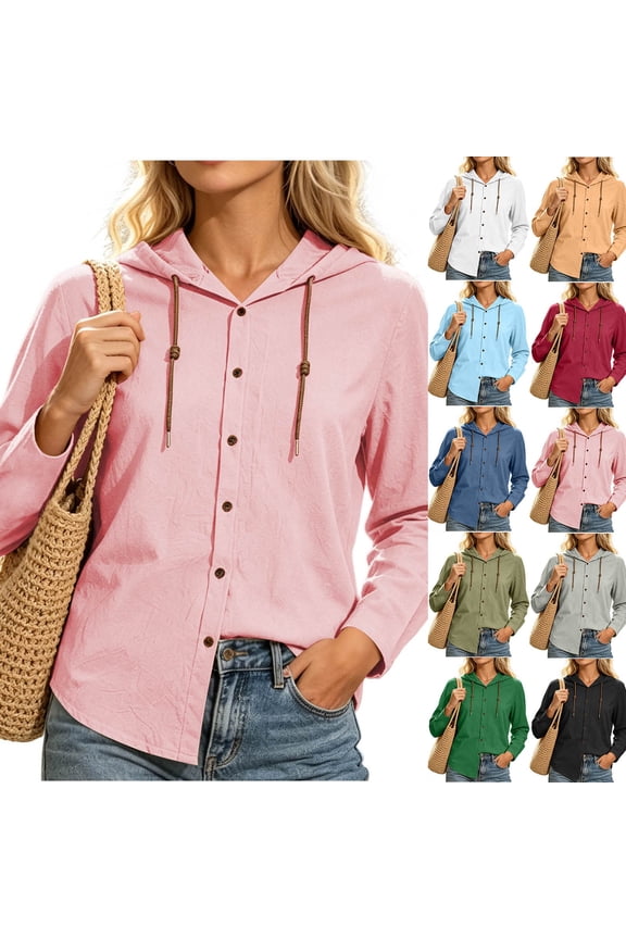 Womens Tops 100% Cotton Hooded Button Down Fashion Drawstring Long Sleeve Jacket Top