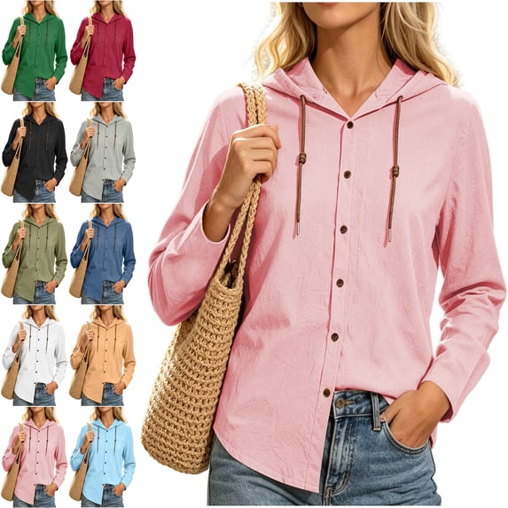 Womens Tops 100% Cotton Hooded Button Down Fashion Drawstring Long Sleeve Jacket Top
