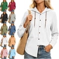 thumbnail image 1 of Womens Tops 100% Cotton Hooded Button Down Fashion Drawstring Long Sleeve Jacket Top, 1 of 7