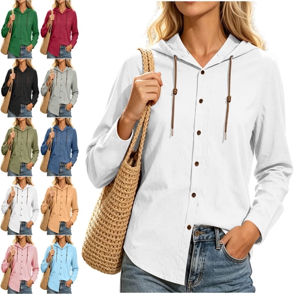 Womens Tops 100% Cotton Hooded Button Down Fashion Drawstring Long Sleeve Jacket Top