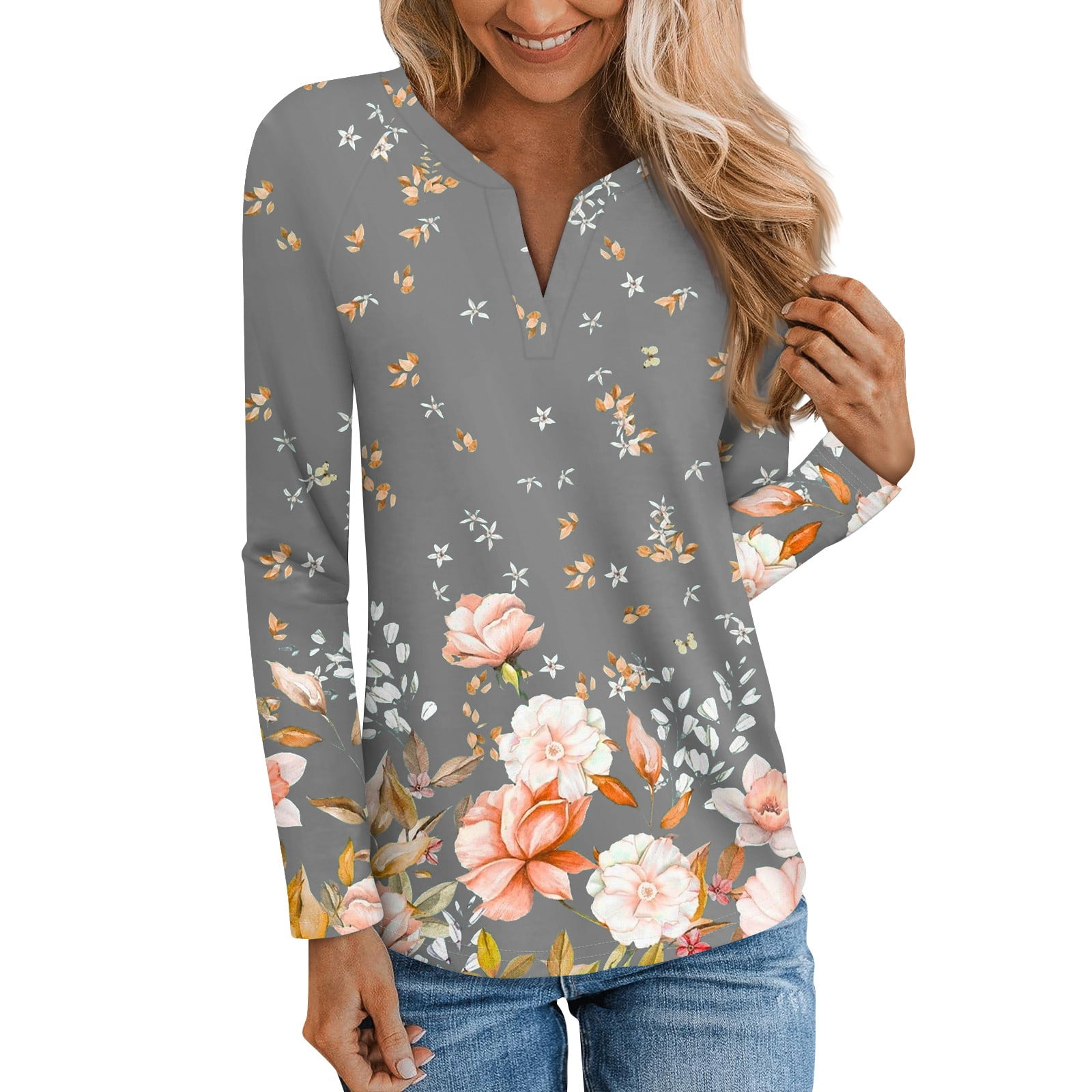 Womens Tops 2024 Floral Print Blouse Long Sleeve V Neck Tunic Tops for