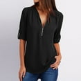thumbnail image 1 of Womens Tops 2024 Summer Dressy 3/4 Roll-up Sleeve/Short Sleeve Shirts Sexy Zipper V Neck Chiffon Tunic Casual Solid Color/Floral Printed Loose Fit Blouses Tees Shirts, 1 of 7