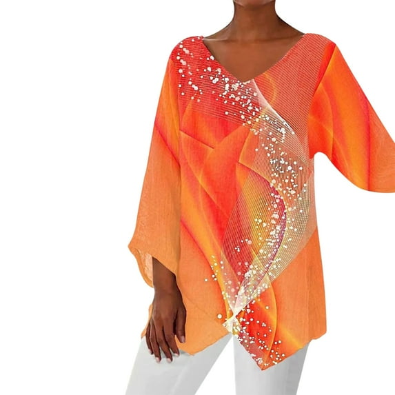 Womens Tops 2024 Summer Tunic Short Sleeve V-Neck Vintage Digital Print Blouse Polyester Soft Light Stretchy Loose Plus Size For Daily Party Vacation L Sweaters For Women