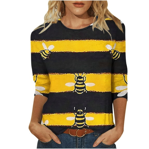 Womens Tops 2025 Casual Bee Festival Shirts Cute Honey Bee Graphic Top Crew Neck T-Shirts 3/4 Sleeve Tee Loose Flowy T Shirt Holiday Causal Blouses