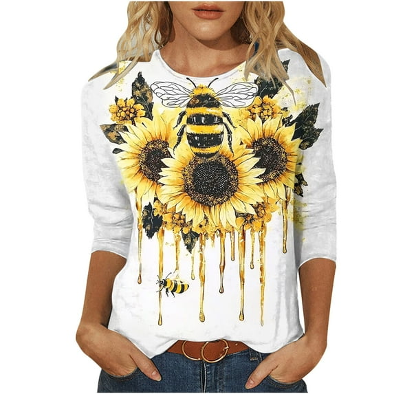 Womens Tops 2025 Casual Bee Festival Shirts Cute Honey Bee Graphic Top Crew Neck T-Shirts 3/4 Sleeve Tee Loose Flowy T Shirt Holiday Causal Blouses