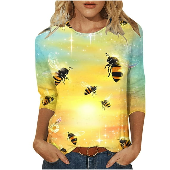 Womens Tops 2025 Casual Bee Festival Shirts Cute Honey Bee Graphic Top Crew Neck T-Shirts 3/4 Sleeve Tee Loose Flowy T Shirt Holiday Causal Blouses