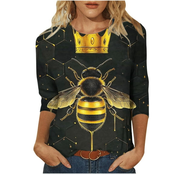 Womens Tops 2025 Casual Bee Festival Shirts Cute Honey Bee Graphic Top Crew Neck T-Shirts 3/4 Sleeve Tee Loose Flowy T Shirt Holiday Causal Blouses