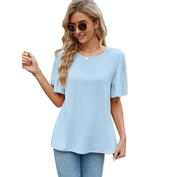 Womens Tops 2025 Fashion Bell Sleeve Casual T Shirts Summer Crewneck Basic Tee Cute Blouses Sky Blue XL
