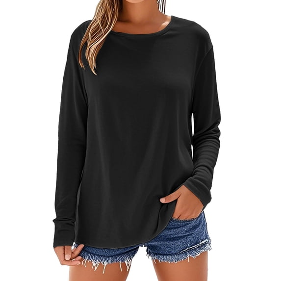 Womens Tops 2025 New Women's Cotton Top Round Neck Long Sleeve T Shirt