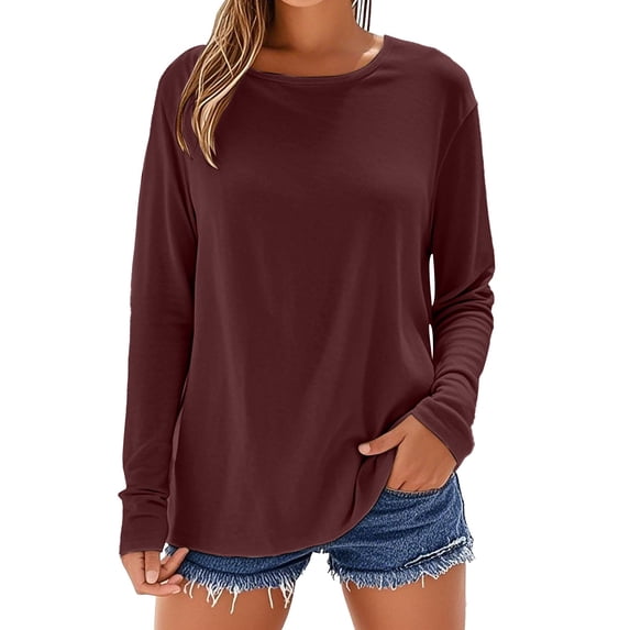 Womens Tops 2025 New Women's Cotton Top Round Neck Long Sleeve T Shirt