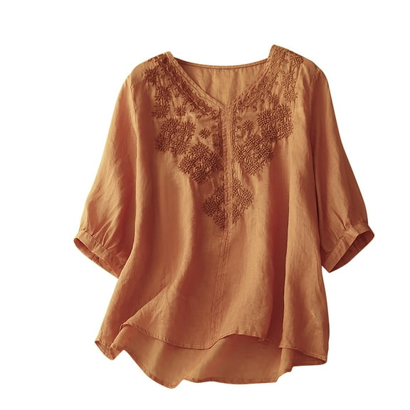 Womens Tops 2025 Plus Size Cotton and Linen Casual Short Sleeve V-Neck Cotton Irregular Tops Blouse