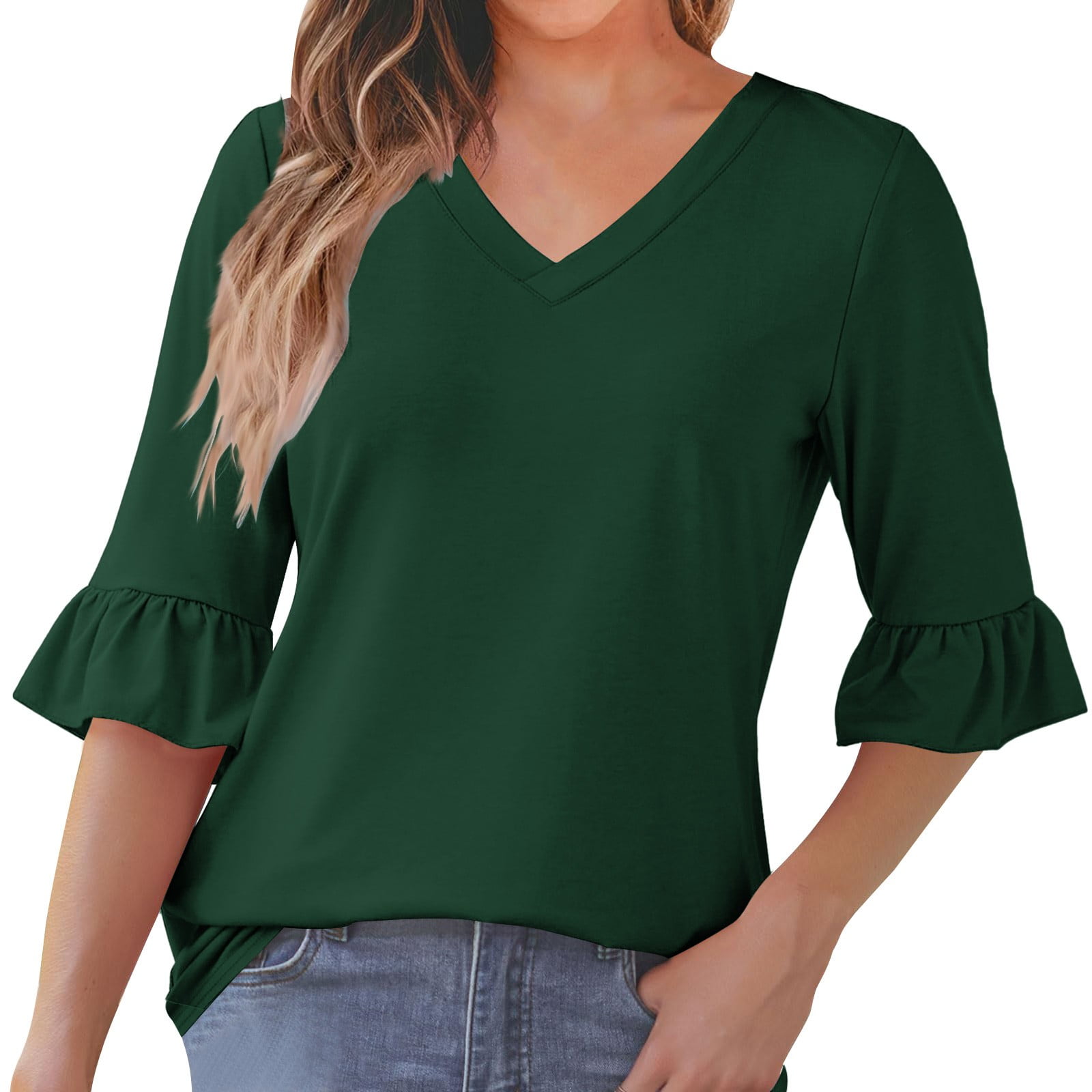 Sillace Women's 3/4 Sleeve V-Neck Blouse - 95% Cotton 5% Spandex Long Sleeve Top, Casual & Office Wear - View #6