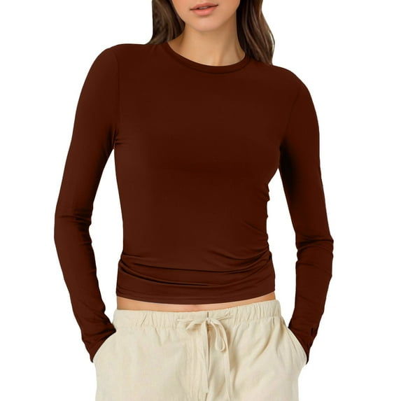 Womens Tops 2025 Trendy Novelty Solid Color Long Sleeve Round Neck Pullover T-Shirts Classic Fit Casual Workout Basic Casual Tees