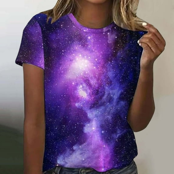 Womens Tops 2025 Women's Starry Galaxy 3D Print Glitter T-shirt Round Neck Short Sleeve Carnival Outfit Purple