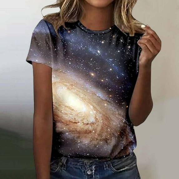Womens Tops 2025 Women's Starry Galaxy 3D Print Glitter T-shirt Round Neck Short Sleeve Carnival Outfit Rose Gold