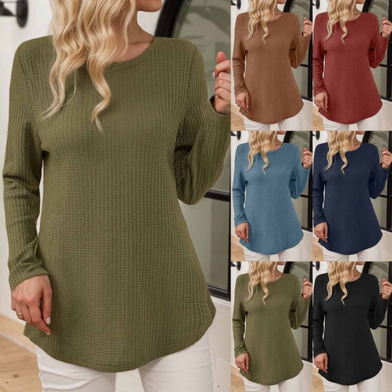 Womens Tops 2026 Elegant Fall Winter Plus Size Long Sleeve Round Neck Blouse Back Button Closure Classic Solid Color Casual Shirt For Casual Blouses
