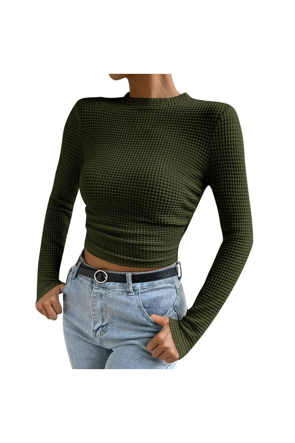 Womens Tops 2026 Fall Long Sleeve Fitted T Shirts Waffle Ruched Crop Shirt Basic Knit Workout Clothes