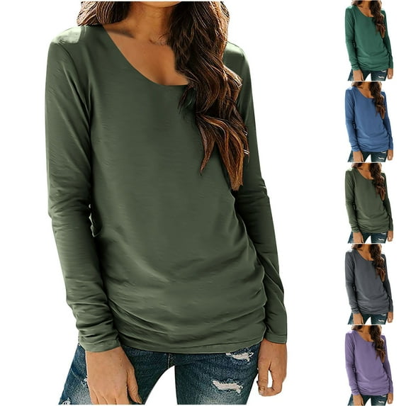 Womens Tops 2026 Plus Size Fashion Solid Color Long Sleeved Base With Round Neck Casual Pullover T-shirt