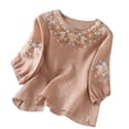 thumbnail image 1 of Womens Tops 2026 Retro Embroidered 3/4 Sleeve Cotton Linen Blouse Spring Summer Shirts for Women Pink L, 1 of 8