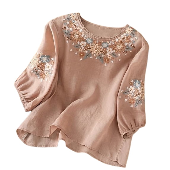Womens Tops 2026 Retro Embroidered 3/4 Sleeve Cotton Linen Blouse Spring Summer Shirts for Women Pink L