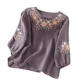 thumbnail image 1 of Womens Tops 2026 Retro Embroidered 3/4 Sleeve Cotton Linen Blouse Spring Summer Shirts for Women Purple M, 1 of 7