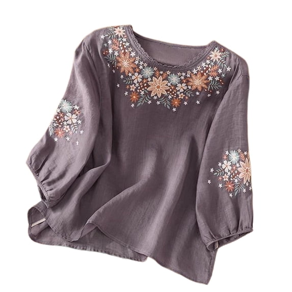 Womens Tops 2026 Retro Embroidered 3/4 Sleeve Cotton Linen Blouse Spring Summer Shirts for Women Purple M