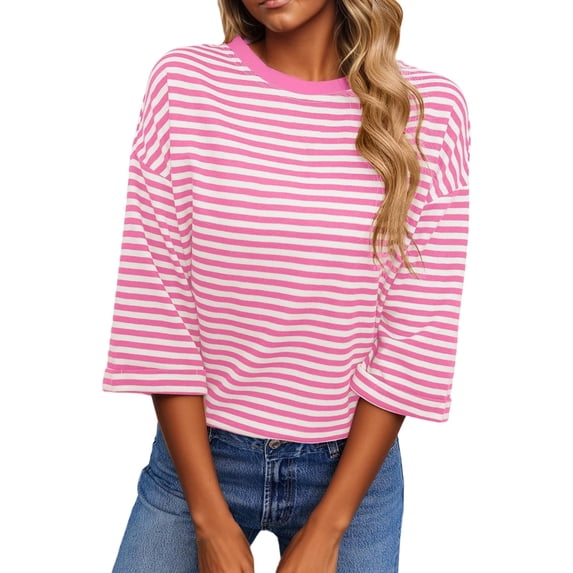 Womens Tops 2026 Striped Tie Back Short Sleeve T Shirts Crewneck Casual Loose Basic Tee Summer Outfits