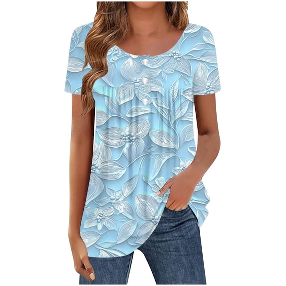 Womens Tops 2026 Summer Dressy Casual Floral Printed Short Sleeve Button Down Ruffle Pleated Shirts Loose Fit Cute Work Outfits Blouses