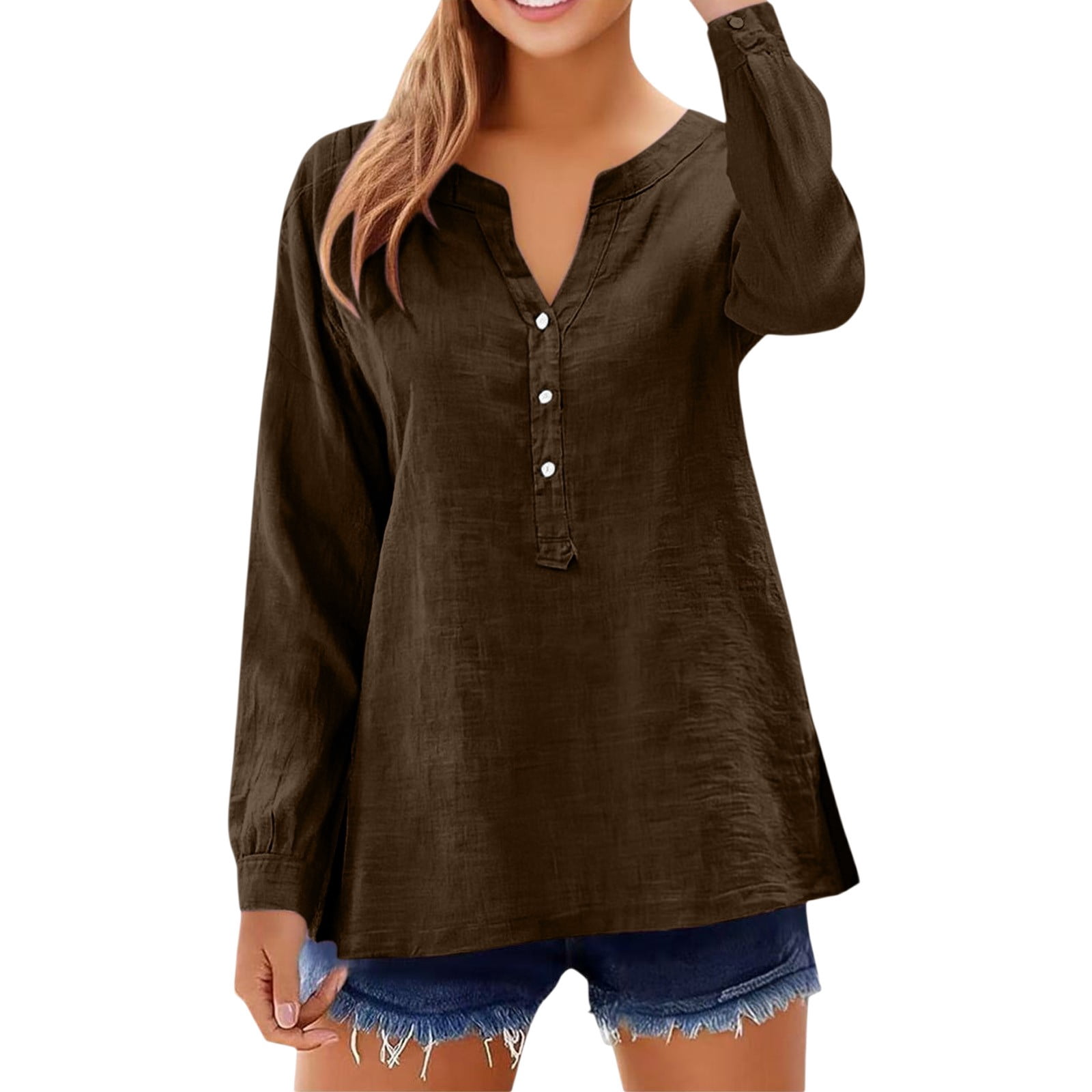 Womens Tops 2026 V Neck Pocket Long Sleeve Linen Shirt Spring Summer ...