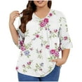 thumbnail image 1 of Womens Tops 3/4 Flare Sleeve V Neck Floral Print Pleated Relaxed Fitting Tunic Blouse Fall Basic Tops Plus Size Casual Loose Solid Flowy Shirts Tops,White,5XL, 1 of 5