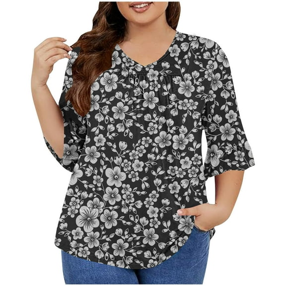 Womens Tops 3/4 Flare Sleeve V Neck Floral Print Pleated Relaxed Fitting Tunic Blouse Fall Basic Tops Plus Size Casual Loose Solid Flowy Shirts Tops,Black,L
