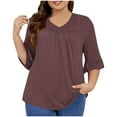thumbnail image 1 of Womens Tops 3/4 Flare Sleeve V Neck Pleated Relaxed Fitting Tunic Fall Basic Tops Plus Size Casual Loose Striped Color Block Flowy Shirts Blouse Tops,Coffee,5XL, 1 of 1