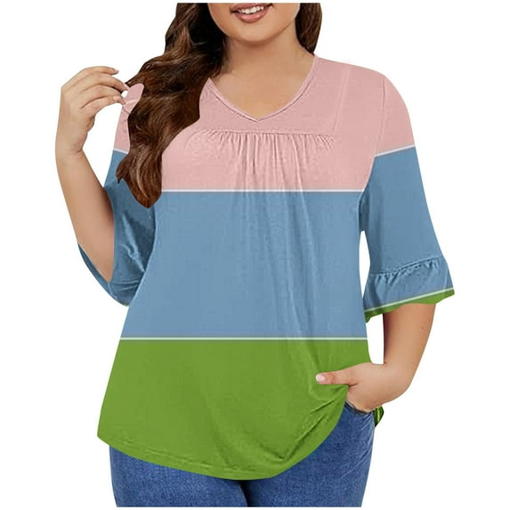 Womens Tops 3/4 Flare Sleeve V Neck Pleated Relaxed Fitting Tunic Fall Basic Tops Plus Size Casual Loose Striped Color Block Flowy Shirts Blouse Tops,Light Blue,5XL