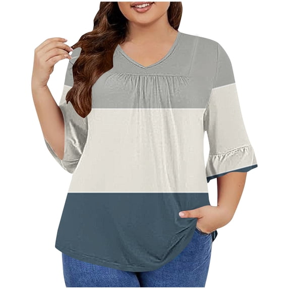 Womens Tops 3/4 Flare Sleeve V Neck Pleated Relaxed Fitting Tunic Fall Basic Tops Plus Size Casual Loose Striped Color Block Flowy Shirts Blouse Tops,Navy,3XL