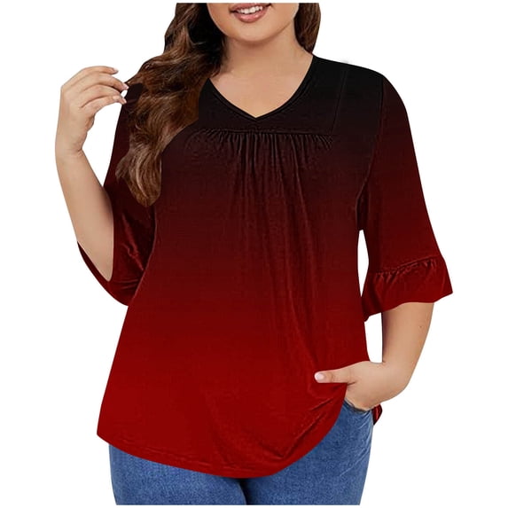 Womens Tops 3/4 Flare Sleeve V Neck Pleated Relaxed Fitting Tunic Fall Basic Tops Plus Size Casual Loose Striped Color Block Flowy Shirts Blouse Tops,Red 2,3XL