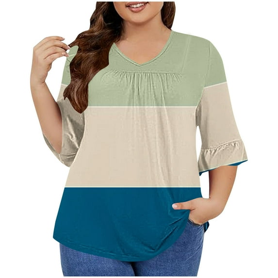 Womens Tops 3/4 Flare Sleeve V Neck Pleated Relaxed Fitting Tunic Fall Basic Tops Plus Size Casual Loose Striped Color Block Flowy Shirts Blouse Tops,Green 1,4XL