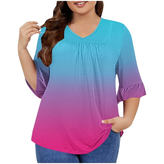 Womens Tops 3/4 Flare Sleeve V Neck Pleated Relaxed Fitting Tunic Fall Basic Tops Plus Size Casual Loose Striped Color Block Flowy Shirts Blouse Tops,Hot Pink 2,4XL