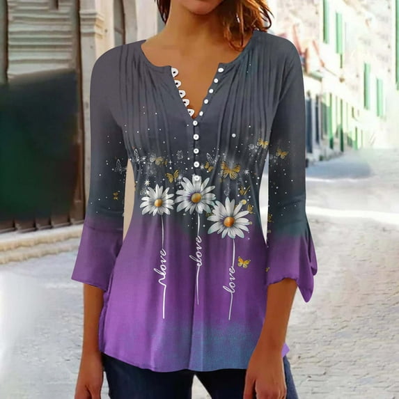Womens Tops 3/4 Length Long Sleeve Shirts Spring Summer Clothes Business Casual Dressy Blouse Loose Fit Basic Tee Trendy Purple XL