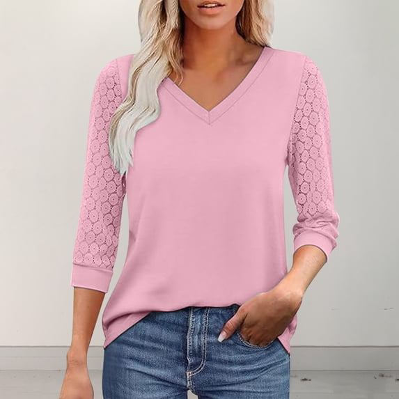 Womens Tops 3/4 Length Sleeve Blouses Dressy Casual Spring Summer Outfits Pleated Front T Shirts Curved Hem Pink XL