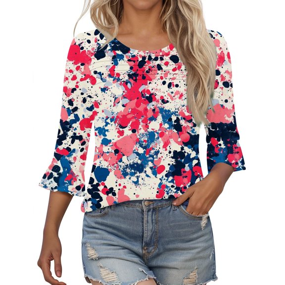 Womens Tops 3/4 Length Sleeve Blouses Dressy Casual Spring Summer Outfits Pleated Front T Shirts Curved Hem