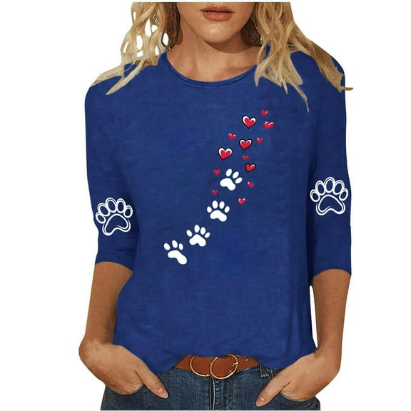 Womens Tops 3/4 Length Sleeve Blouses Dressy Casual Trendy Love Dog Paw Graphic Classic Tees Blouse