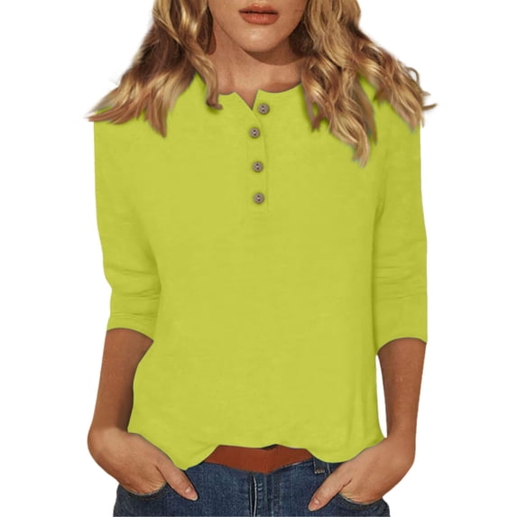 Womens Tops 3/4 Length Sleeve Button Henley V Neck Solid Dressy Casual T Shirts Summer Cute Trendy Pullover Tunic Blouses Z001-Green S