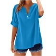 thumbnail image 1 of Womens Tops 3/4 Length Sleeve Cotton Linen Button Down Shirts Ladies Blouses V Neck Solid Color Casual Loose Fit Roll Up Sleeve T-Shirt Summer Loose Tee Shirts, 1 of 3