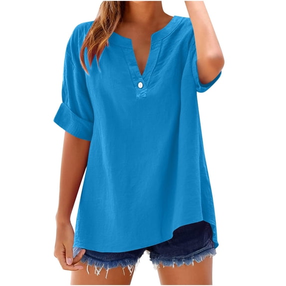 Womens Tops 3/4 Length Sleeve Cotton Linen Button Down Shirts Ladies Blouses V Neck Solid Color Casual Loose Fit Roll Up Sleeve T-Shirt Summer Loose Tee Shirts