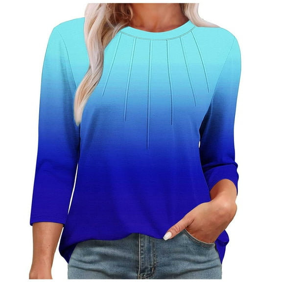 Womens Tops 3/4 Length Sleeve Crewneck Casual Floral Printed Gradient Color Loose Tunic Tops Basic Pleated Shirts