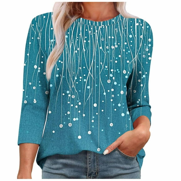 Womens Tops 3/4 Length Sleeve Crewneck Casual Floral Printed Solid Color Loose Tunic Tops Basic Pleated Shirts