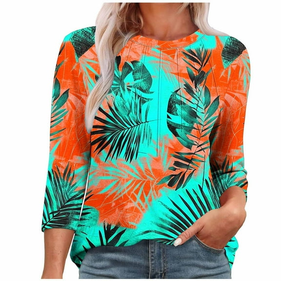 Womens Tops 3/4 Length Sleeve Crewneck Casual Floral Printed Solid Color Loose Tunic Tops Basic Pleated Shirts