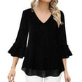 thumbnail image 1 of Womens Tops 3/4 Length Sleeve Plus Size Fall Fashion Trendy Casual Peplum Going Out Tops for Women Ruffled Glittering Gold Hot Stamping Elegant Dress Collar Double Layer Mesh Top, 1 of 6