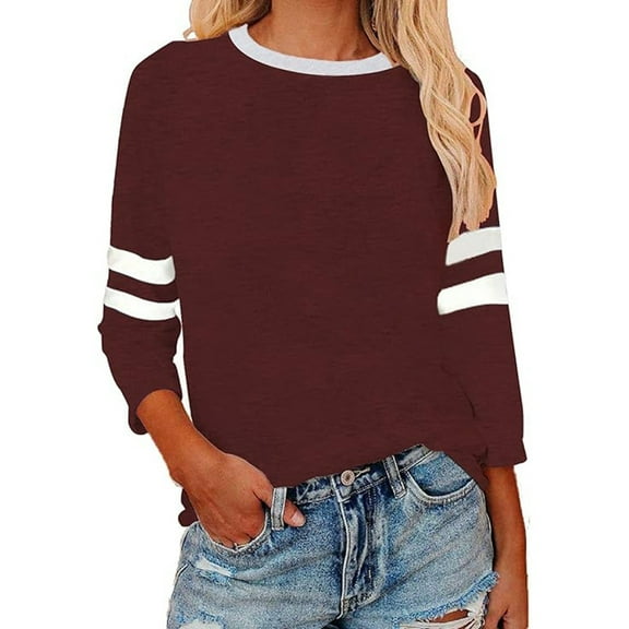 Womens Tops 3/4 Length Sleeve Striped Color Block V-Neck T Shirts Summer Fashion Comfy Casual Loose Fit Pullover Blouses Z001-Brown XL